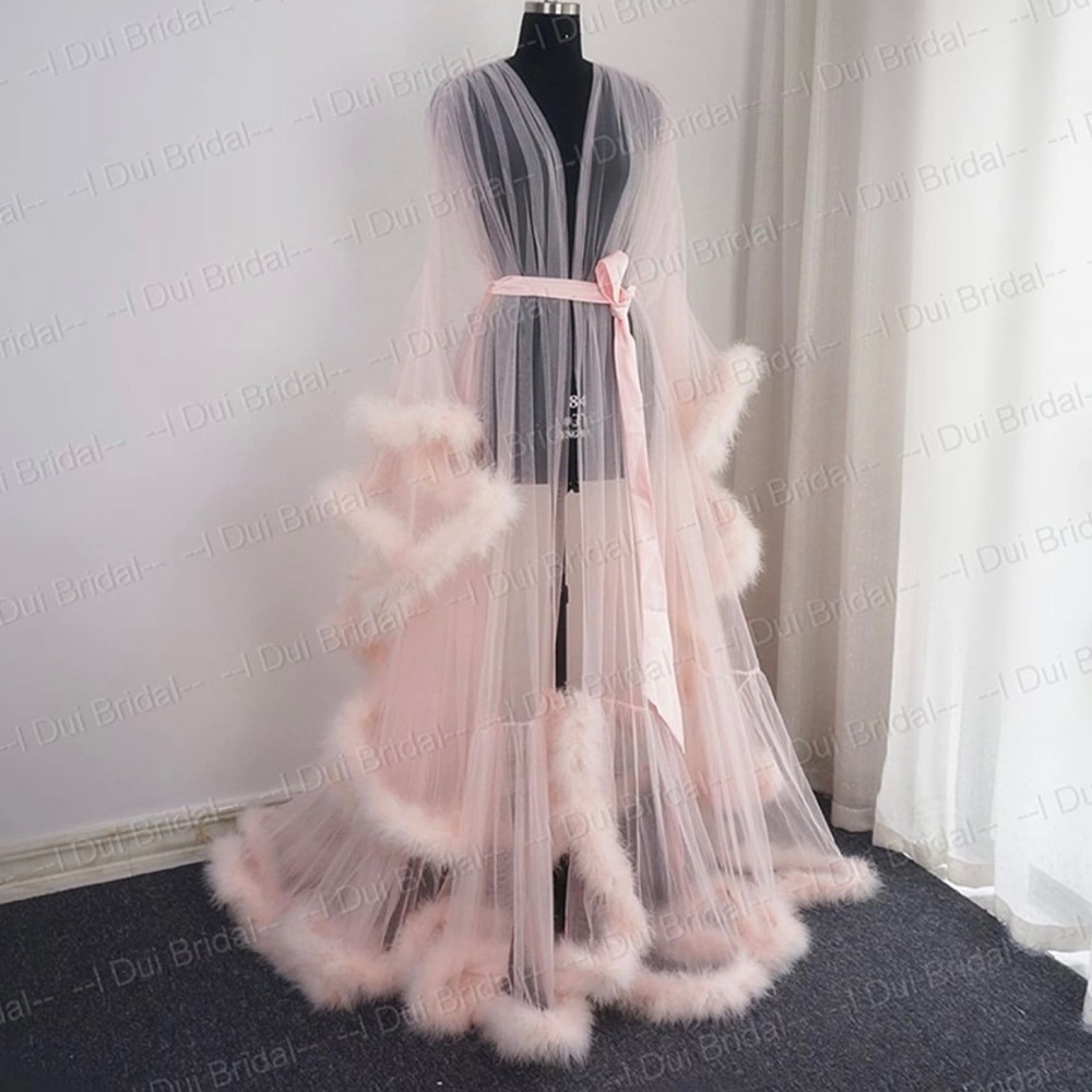 Luxury Sheer Bridal Robe with feather/fur trim and Satin tie S/M